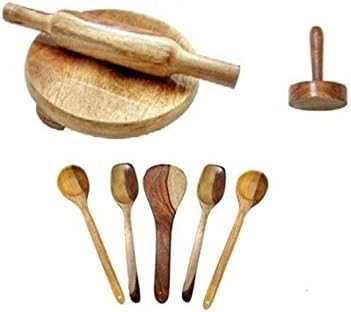Brown Wooden 5 Cooking Spoon,1 Rolling Pin,1 Chakla, 1 Masher - Pack of 8