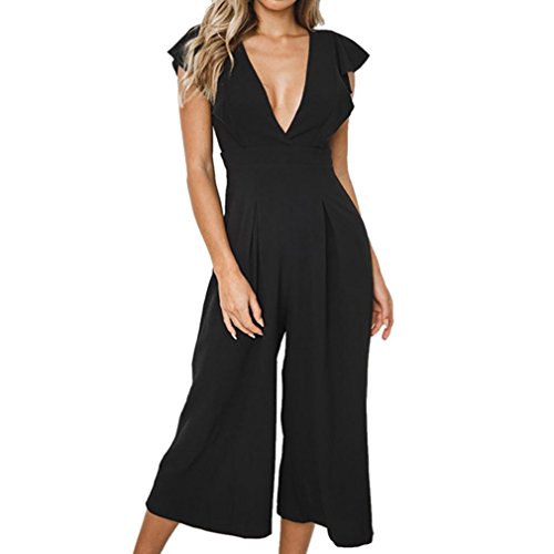 RAISINGTOP Women Sexy Deep-v Rompers Solid Short Sleeve Ruffles Long Jumpsuit Belt Wide Leg Flowy Pants Casual New (Black, S)