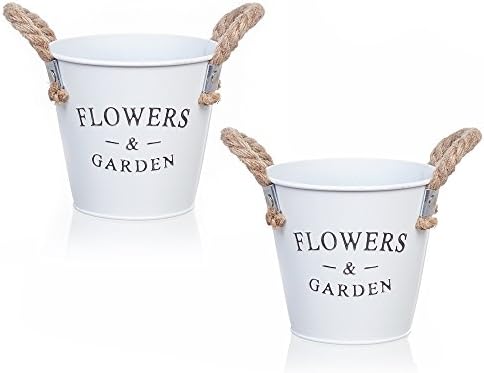 Small Round Galvanized Metal Buckets Planters Flower Decorative Vases with Rope Handles - 2 Pieces HakkaGirl
