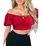 VETIOR Women's Crop Top Square Neck Tie Front Tops Elegant Puff Sleeve Blouse Sexy Milkmaid Top