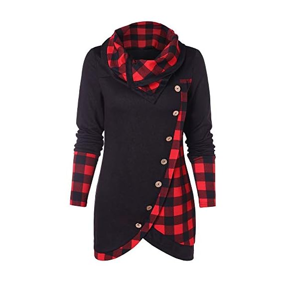 Womens-Button-Hoodie-Sweatshirt-Tunic-Dress-Pullover-Cowl-Neck-Plaid-Drawstring-TopsS-5XL