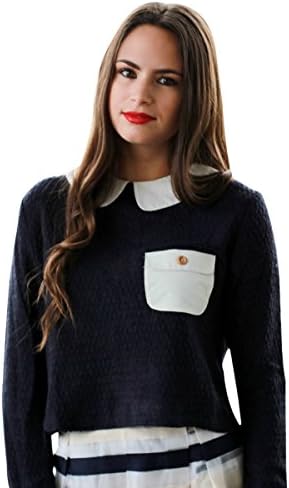 Social Butterfly House Women's Dollhouse Contrast Pocket Crop Sweater Medium Navy blue
