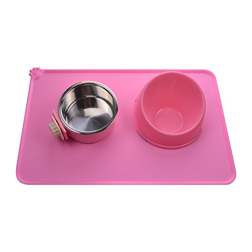 Dog Food Mat,Silicone Pet Feeding Mats,Non Slip Waterproof Cat Bowl Trays Food Container Placemat for Small Animals (18.5"x11.8", Pink)