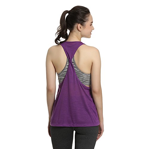 Padded Active Camisole Yoga Tanks Tops Built-in Bra Vest Racerback Shirts Gym Workout Exercise (M, Purple2) - Thumbnail 4