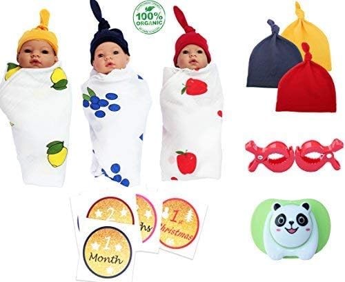 9 Piece Newborn Baby Muslin Swaddle Blanket Wrap Gift Set with Accessories 3pk Organic Receiving Blankets 47X47 inch, 3pk Beanie Hats, 2 Stroller Clips &1 Hypoallergenic Pacifier for Boys Or Girls