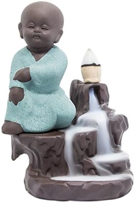 CORCIO Incense Burner Backflow Tower Cones Sticks Holder Ceramic Porcelain Buddha Monk Ash Catcher-008Green