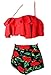 COCOSHIP Red Rose Floral & Red Retro Boho Flounce Falbala High Waist Bikini Set Chic Swimsuit Bathing Suit L(FBA)