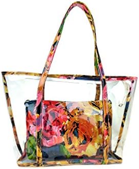 Semi-clear Jelly Transparent Sweet Holidays Outdoor Pu Leather Beach Shoulde /Tote/Swimming Tote Bag Handbag Set (Big Flower )