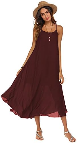 Poetsky Women's Strappy Casual Loose Boho Chiffon Halter Sleeveless Long Maxi Beach Party Dress