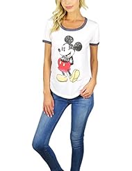 Apparel: Disney Womens Mickey and Minnie Mouse Burnout Ringer Tee (Medium, Mickey White)