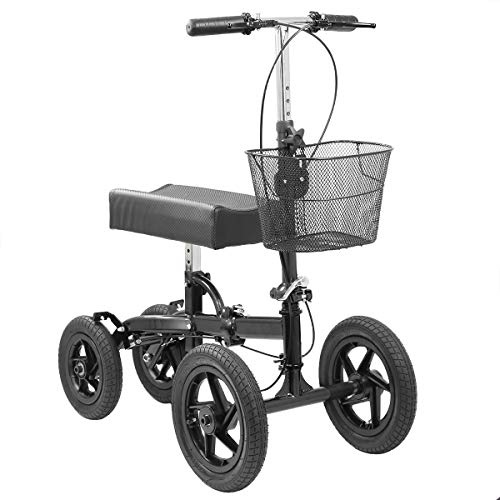 Clevr Quad All Terrain Foldable Medical Steerable Knee Walker Scooter, Black, Walking Aid Roller for Foot Injuries, Height Adjustable Crutch Alternative, Deluxe Brake System & Basket
