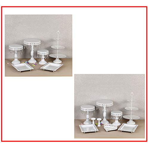 Proshopping 9 Set Antique Metal Cake Stand, Classical Round Cupcake Holder, Cake Plate Tray, Cookie Pedestal Display Tower, for Wedding Birthday Party, with Crystals Pendants and Beads, White - Thumbnail 2