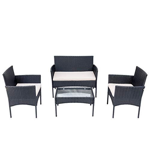 Gartenlounge Set, Balkonmöbel Set für 4 Personen, Schwarz,Polyrattan Sitzgruppe Mit 2-er Sofa, 2 Singlestühle,Glastisch…