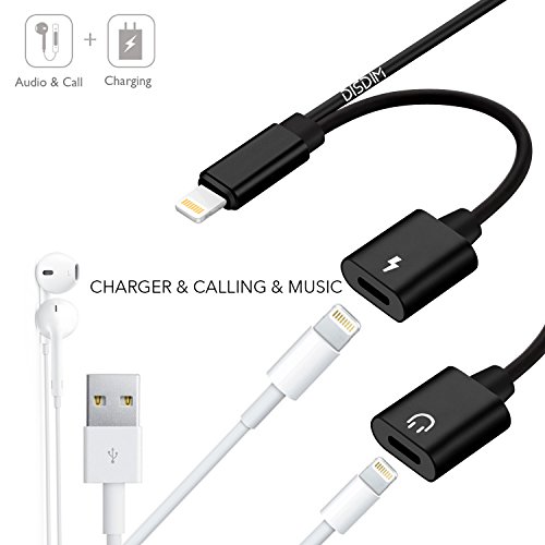 iPhone X Dual Lightning Adapter, DISDIM 2 in 1 Lightning to Lightning Headphone Jack Splitter and 8 Pin Charger Port Cable for iPhone X/ 8 /8+/7 / 7 Plus, iOS 11,Support Call and Music Control (Black)