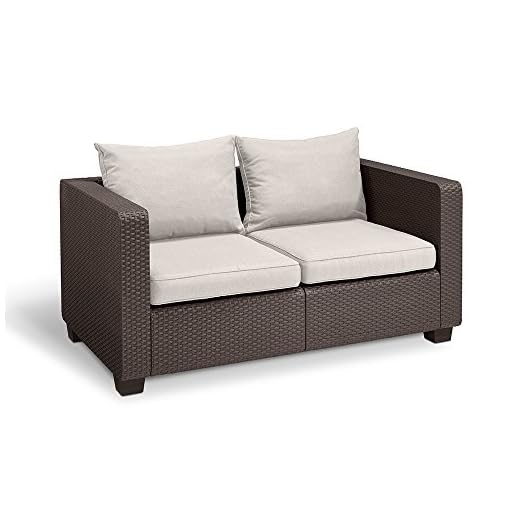 Keter Salta All Weather Outdoor Patio Furniture Loveseat 2 Seater With Sunbrella Cushions In A Resin Plastic Wicker Beachfront Decor