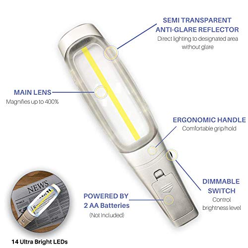 4X Reading Magnifier with 14 Evenly Lit Dimmable LED Lights & Center Yellow Guideline- Lightweight Handheld Magnifying Glass Perfect for Reading Small Fonts & Document