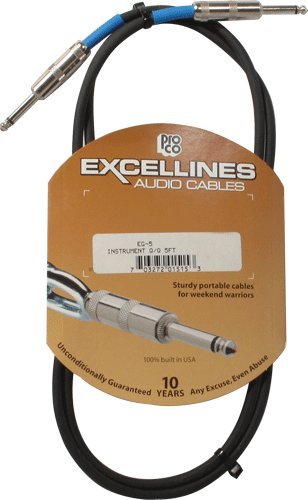 Pro Co Sound Excellines Series EG-5 5' 1/4" Phone Male to 1/4" Phone Male Instrument Cable, 20 AWG