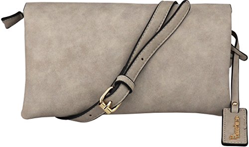 B BRENTANO Vegan Fashion Double-Flap Wristlet Clutch Crossbody Handbag (Gray)