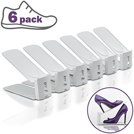 Organizer Set of 6 - Shoe Slotz Space Saver White – Easy Adjustable Plastic Shoe Slotz Organizer – Best Shoe Slot Rack for Display – Shoe Slots 3 Step Adjustable Organizer Set of 6 for Closets