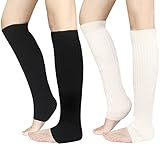 Chalier 2 Pairs Womens Winter Warm Knitted Leg Warmers Crochet Long Socks A- 2 Pairs(black+beige) One Size Fits Most