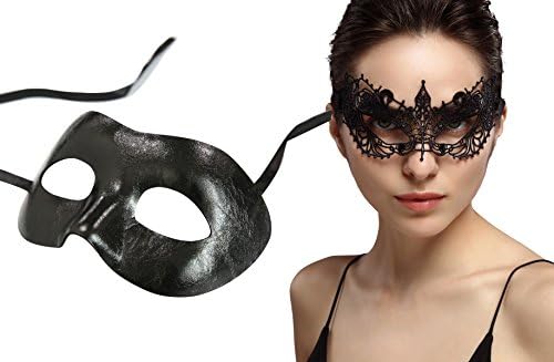duoduodesign Couple Half Face Masquerade Masks,Men' High-gloss Black PU Leather and Women' s Lace Masquerade Mask (Black Couple)