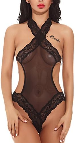 Miss Enigma Women Sexy Lingerie Halter Teddy Lace Mesh Bodysuit Babydoll Black M