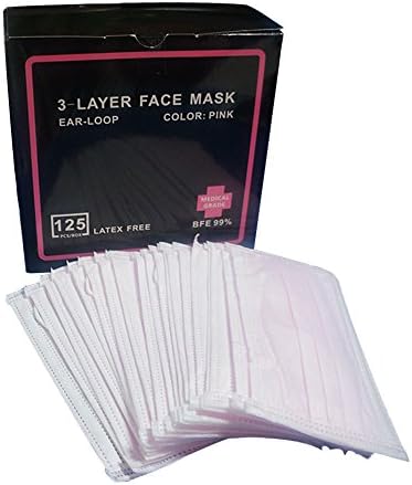 (125pcs Box) Raytex Disposable Face Mask 3 Ply Earloop Breathable and Comfortable Mouth Cover for Medical Dental Surgical Salons (Pink)