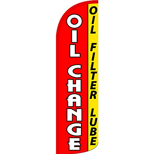 Oil Change (Oil Filter Lube) Windless Feather Flag Bundle (11.5' Tall Flag, 15' Tall Flagpole, Ground Mount Stake)