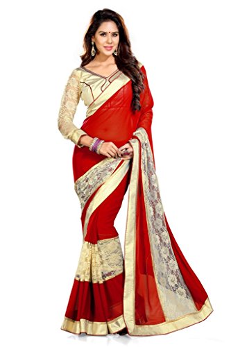 Mirchi Fashion Women's Faux Georgette Lace Work Wedding Festive Indian Saree