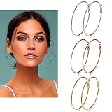 3 Pairs Big Hoop Earrings, 60mm Stainless Steel Hoop Earrings in Gold Plated Rose Gold Plated Silver for Women Girls (60mm)