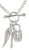 Silver tone Designer Inspired Crystal Padlock Key Angel Wing Charms Toggle Necklace Fashion Jewelry Gift