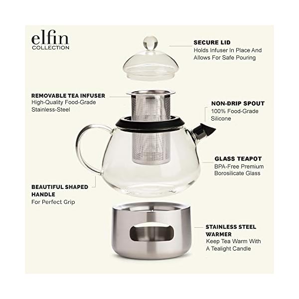 Elfin Glass Teapot Set with Infuser and Warmer, 28oz / 800ml Clear