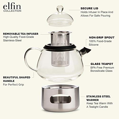 Glass Teapot with Infuser and Teapot Warmer (Stainless Steel) 28oz
