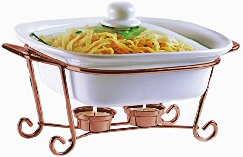 Palais Dinnerware Buffet, Glass Covered, Square, Ceramic Casserole Dish with Warming Rack (1.5 Quart, Copper Stand)