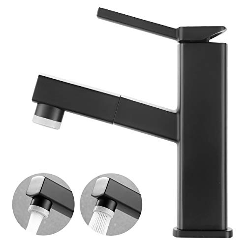 KAIYING Pull Down Bathroom Sink Faucet, Modern Lavatory Vessel Sink Faucet, Utility Single Hole Kitchen Sink Faucet with Pull Out Sprayer, Commercial Basin Mixer Tap, Brass (Regular, Black)