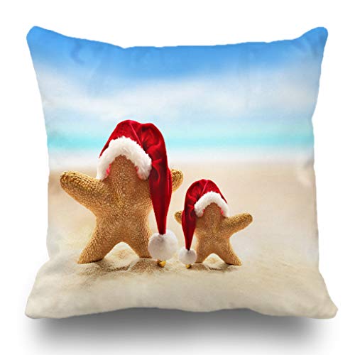 Batmerry Merry Christmas Theme Decorative Pillow Covers 18 x 18 inch,Summer Beach Merry Christmas Starfish Santa Claus Hat Double Sided Throw Pillow Covers Sofa Cushion Cover Lumbar Pillowcase
