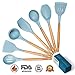 IQUONA Kitchen Utensil Set - 7 Piece Natural Acacia Wood Silicone Spatulas - Heat Resistant - Organic Wooden Handled Spatulas & Spoons - Nonstick Kitchen Tools & Gadgets - French Cooking Utensils