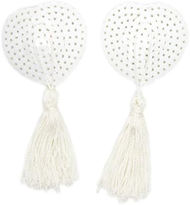 CLROY Reusable White Sequins Nipple Covers Self Adhesive Breast Petals with Tassels (White-3)