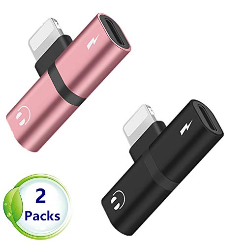 [2 Packs] ANGORADO Headphone Jack Adapter for iPhone X XS Max XR 7 8 Plus Splitter, Dual IP Port Aux Audio & Charging & Calling & Sync Cable Connector Earphone Charger Adapter(Black + Rose Gold)