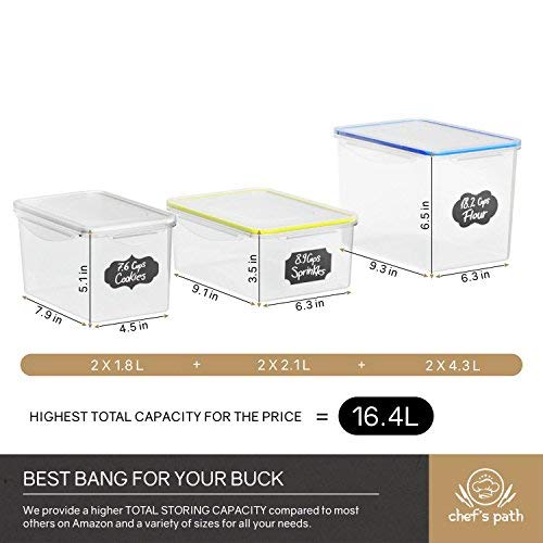 Chef’s Path Large Food Storage Containers - Great for Flour, Sugar, Baking Supplies - BEST Airtight Kitchen & Pantry Bulk Food Storage - BPA Free - 6 PC Set & 8 FREE Chalkboard Labels & Pen