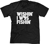 Blittzen Mens T-shirt Wishin I Was Fishin, L, Black