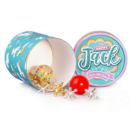 Retro Vintage Classic Jacks Game, 10 Pieces Classic Gold and Silver Metal Jacks with 1 Red Bouncy Ball and 1 Polka Ball and Instruction Set in Unicorn Box Perfect for Gifts and Unicorn Themed Parties