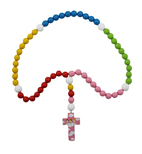 15mm Wood Bead First Rosary - with Pink Cross with Angels