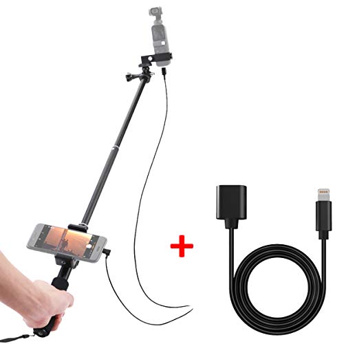 O'woda Aluminum Extendable Selfie Stick Cellphone Holder Scalable Extension Monopod Pole Rod with 3ft Extension Data Cable iOS Cord for DJI OSMO Pocket and i Phone/i Pad