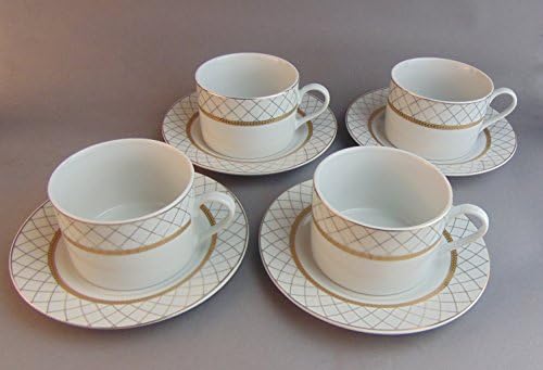 White Porcelain Gold Net Ornament 6 oz Porcelain Cup and 6" Saucer Set, Classic European Vintage Porcelain Tea/Coffee Mugs with Matching Saucers, 8-Piece Pack (4 cups + 4 saucers)
