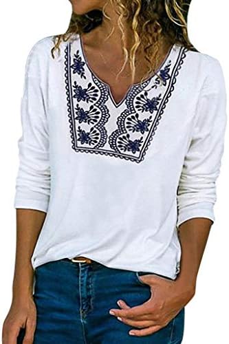 friendGG Womens Tops Long Sleeve Printed V Neck Casual Loose Fit Basic Tee Shirts Tunic Tops Blouses