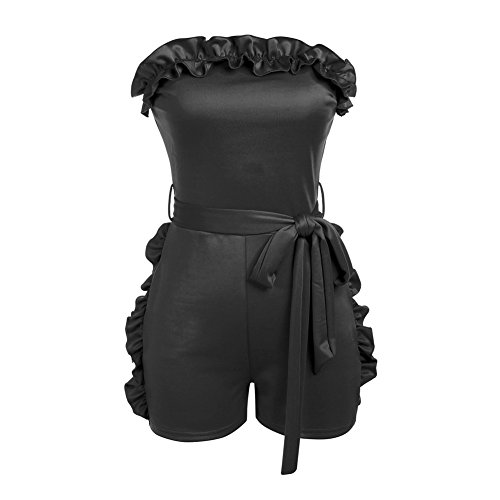 Desirepath Women Summer Strapless Tube Top Ruffled Bodycon Jumpsuit Short Pant Rompers Playsuit (M, Black)