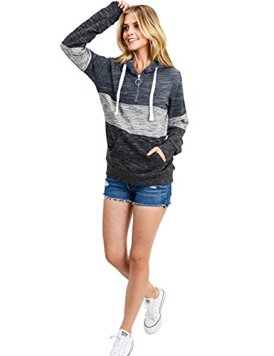 Women's Ultra Soft Fleece Tri-Color Block 1/4 Zip-Up Pullover Hoodie Sweatshirt, Marled Midnight Blue, X-Small