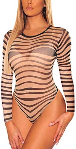 SUBWELL Women's Sexy Sheer Mesh Leotard Long Sleeve Bodycon Stretch Bodysuit Jumpsuit Tops