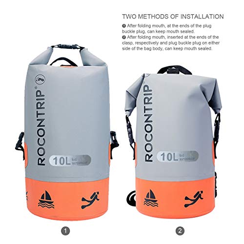 ROCONTRIP Waterproof Dry Bag Dry Sack 10L/25L/40L, Lightweight Waterproof Backpack for Kayaking, Beach, Rafting, Boating, Hiking, Camping and Fishing (Orange 10L) - Thumbnail 2